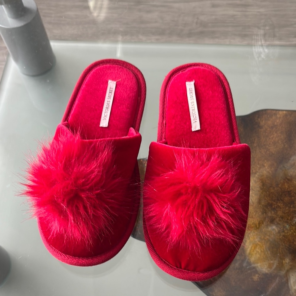 Victoria's Secret Red Cozy Pom-Pom Slippers